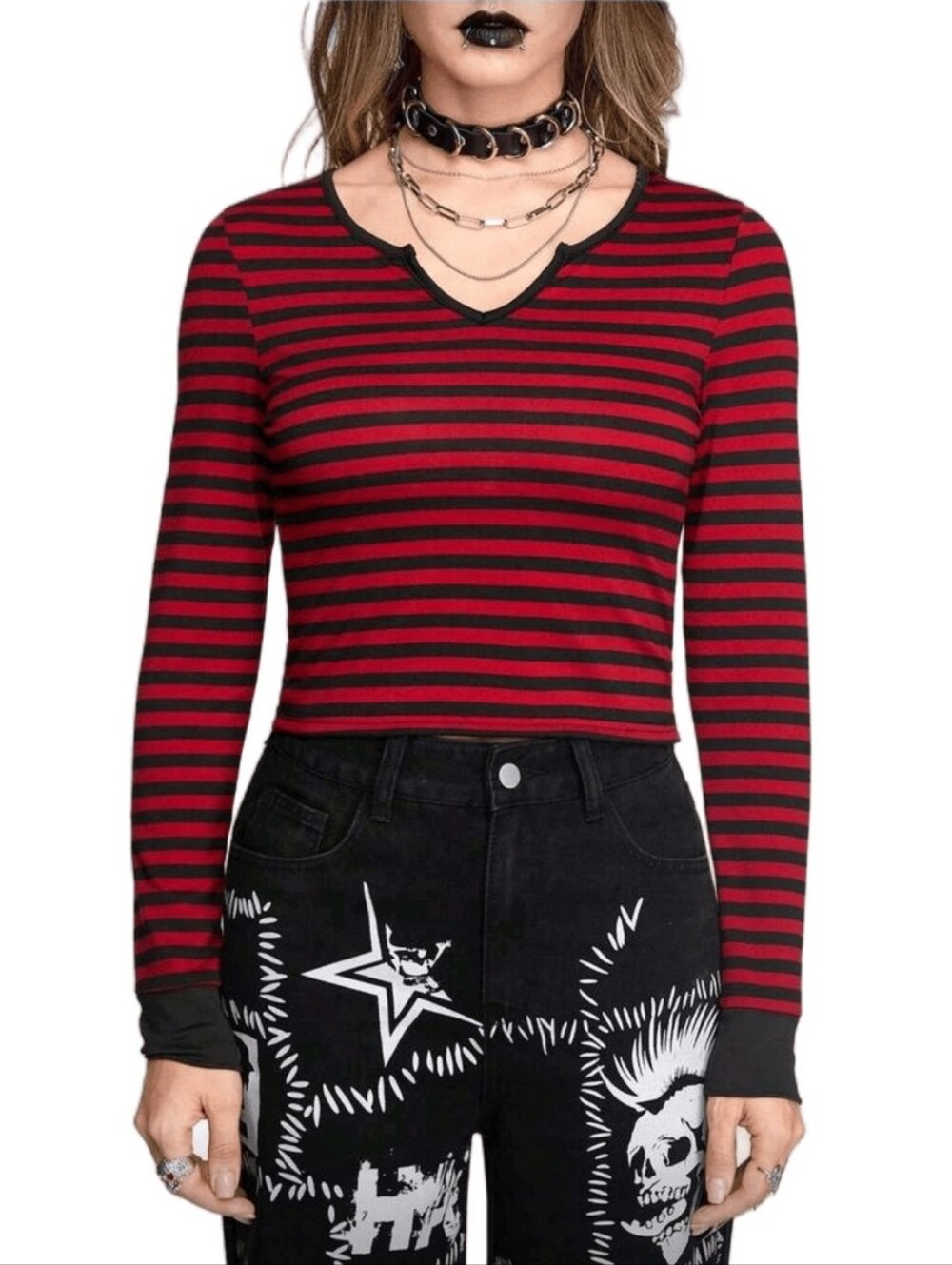 ROMWE Red & Black Striped V-Neck Long Sleeve Tee